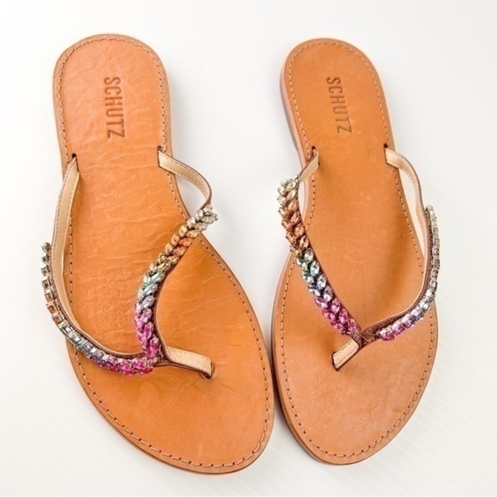 Schutz Belle Nappa Leather Crystal-Embellished Thong Sandal womens size 8.5